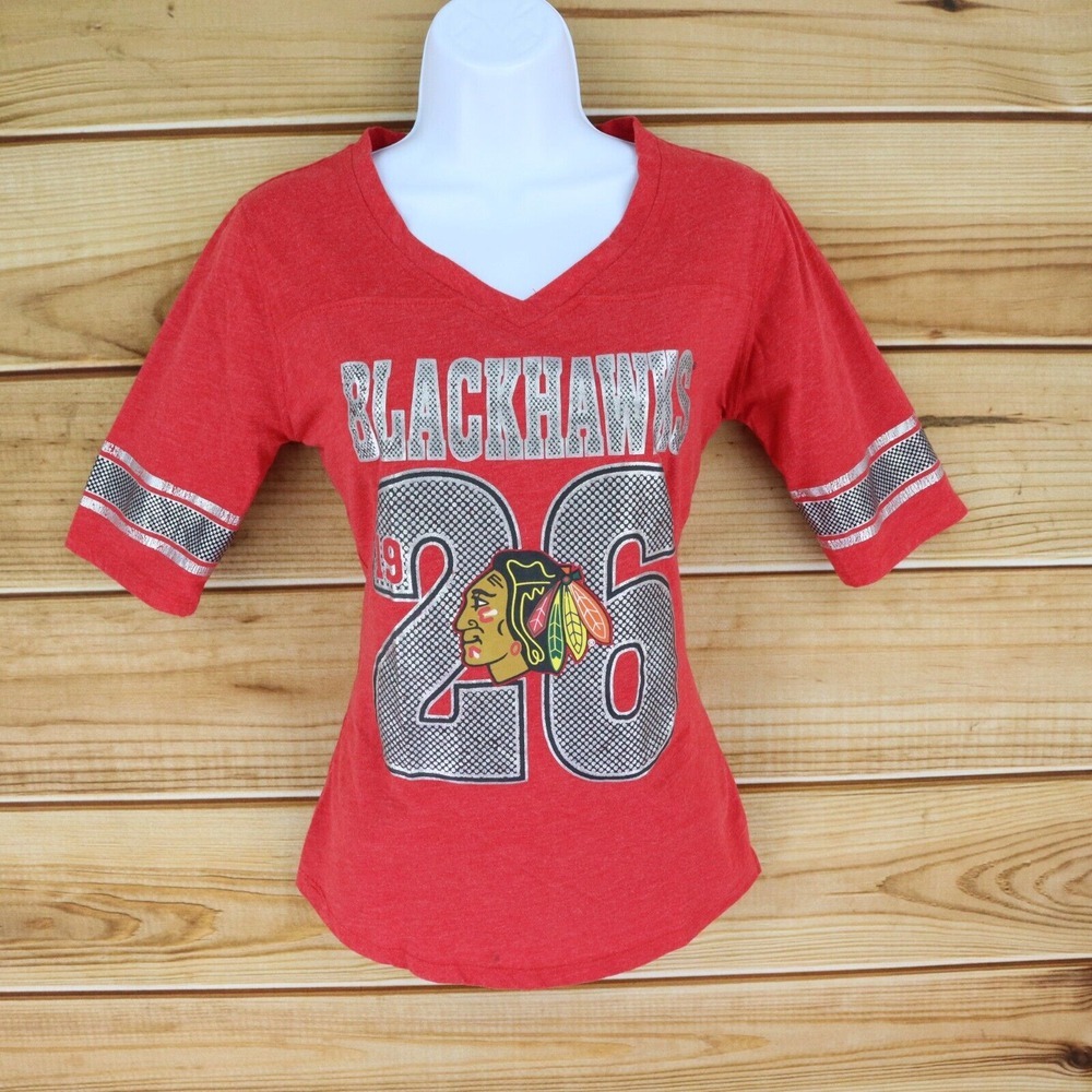 NHL Chicago Blackhawks T-Shirt Womens Size S Red Ice Hockey V-Neck Short Sleeves
